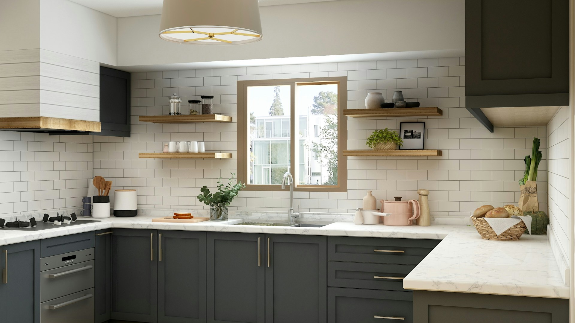 Modern dark kitchen renovation with subway tile backsplash